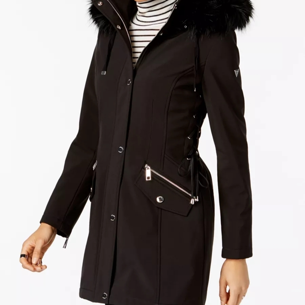Guess Black Hooded Ski Jacket with Faux Fur Trim